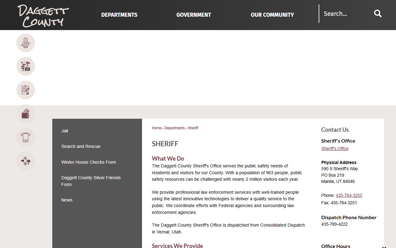 Daggett County Sheriff's Office page with records and custody links