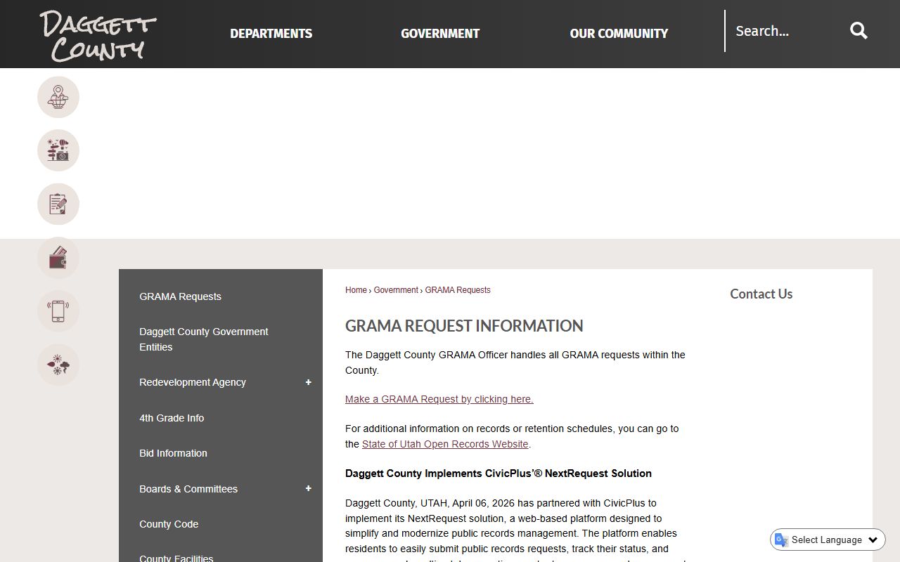 Daggett County inmate records GRAMA request page